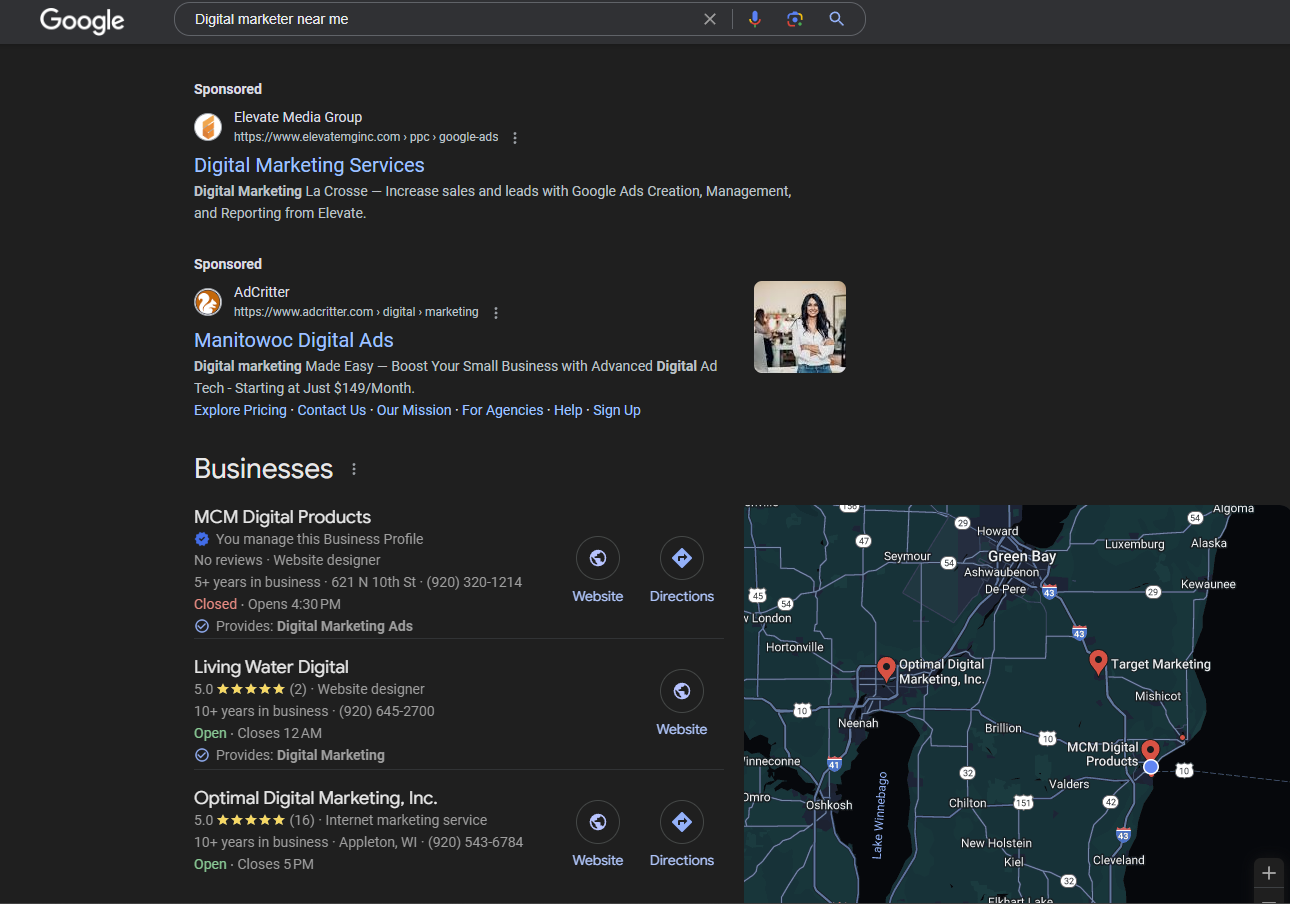 Google search results page showcasing the Google 3-Pack for local businesses and digital marketing services.