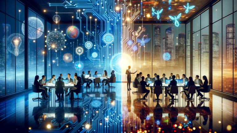 AI technology and business growth illustrated with a modern office meeting.