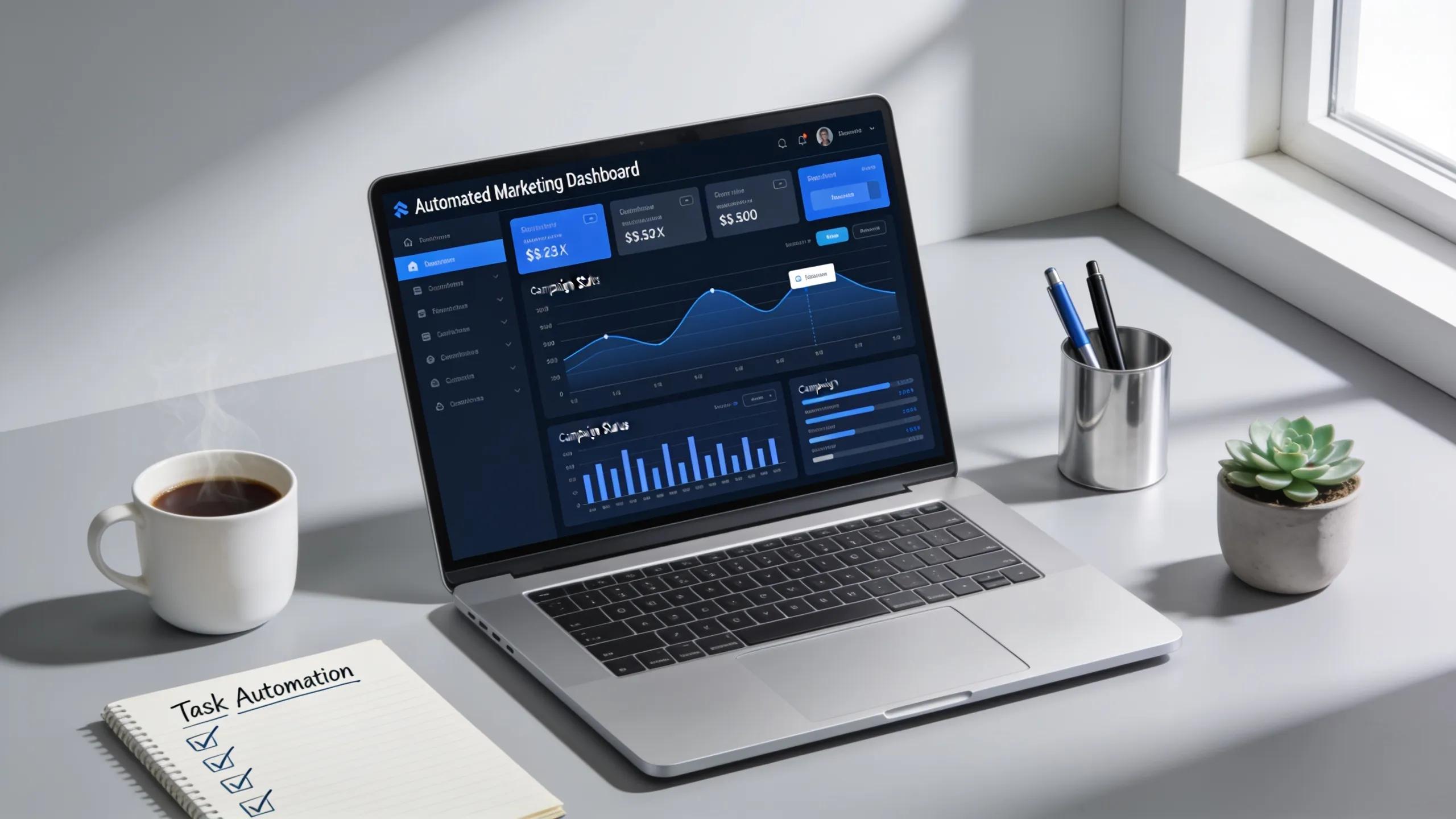 Automated marketing dashboard on laptop illustrating AI in marketing analytics and data analysis