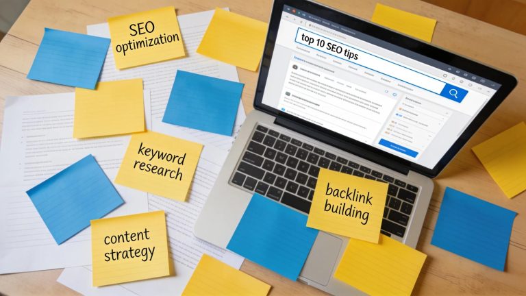 A flat lay image of SEO strategy materials on a table, emphasizing the importance of optimization in digital marketing.