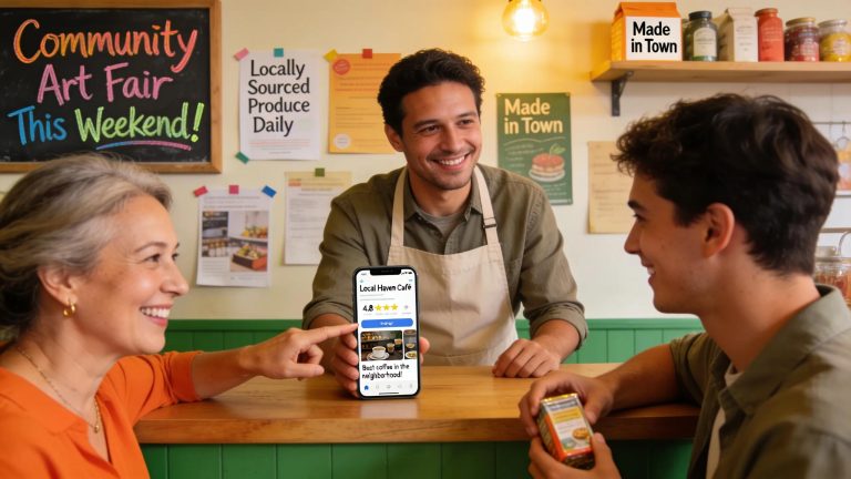 Small business owner engaging with customers, showcasing a Google Business Profile for local SEO visibility