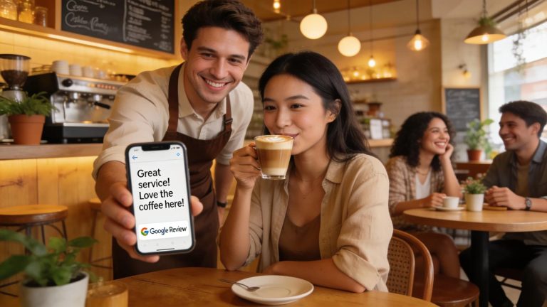 Barista serving a customer who is leaving a review, highlighting effective online reputation management for local businesses