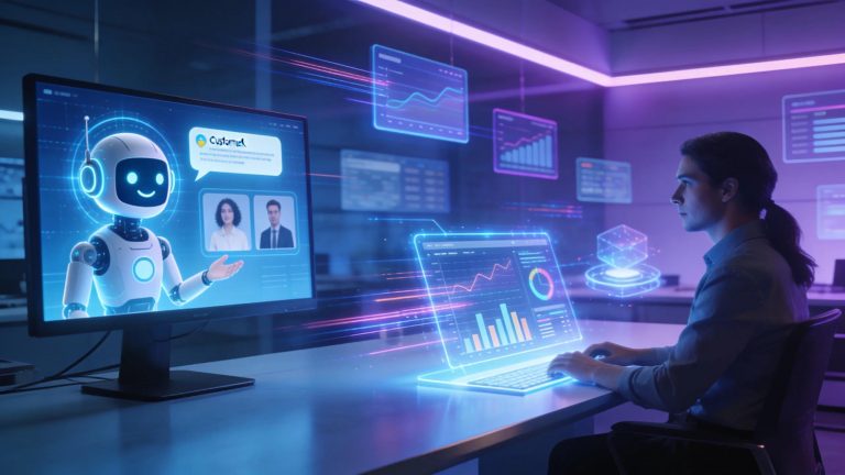 Futuristic office scene with AI chatbot engaging customers, enhancing reputation marketing through automation tools