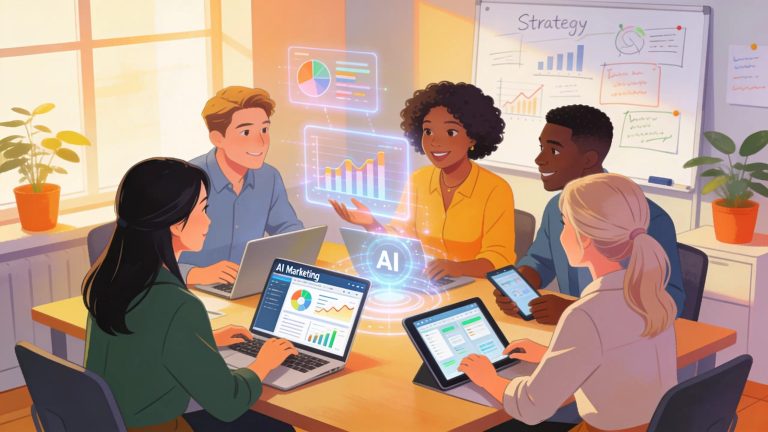 Small business owners collaborating using AI marketing tools, highlighting innovation and teamwork