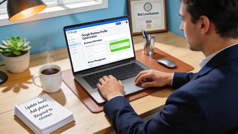 Business owner optimizing their Google Business Profile for better local visibility