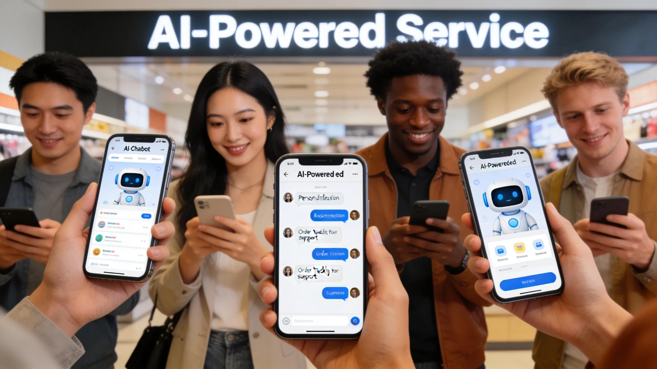 Diverse group of people using AI-powered service on smartphones for personalized support.