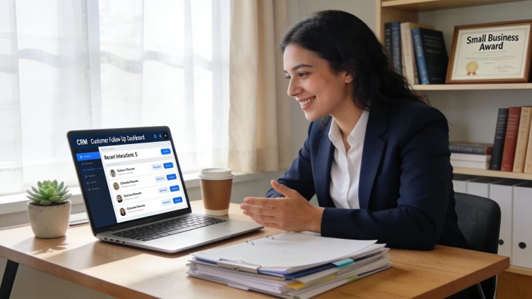 Office scene illustrating effective use of CRM tools for customer follow-up and engagement