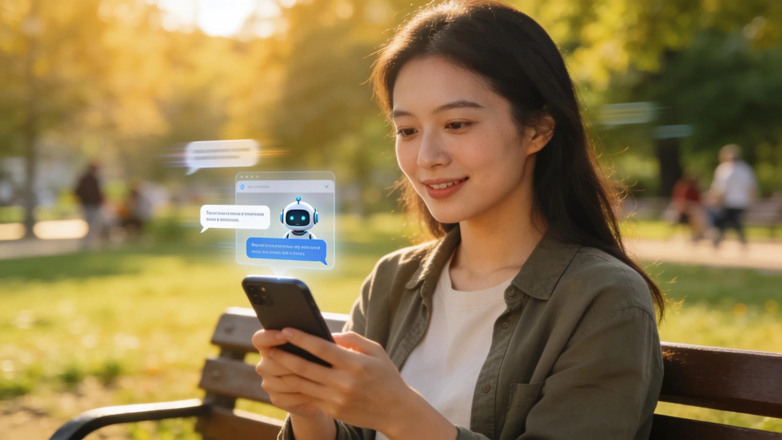 User interacting with an AI chatbot on a smartphone in a park setting
