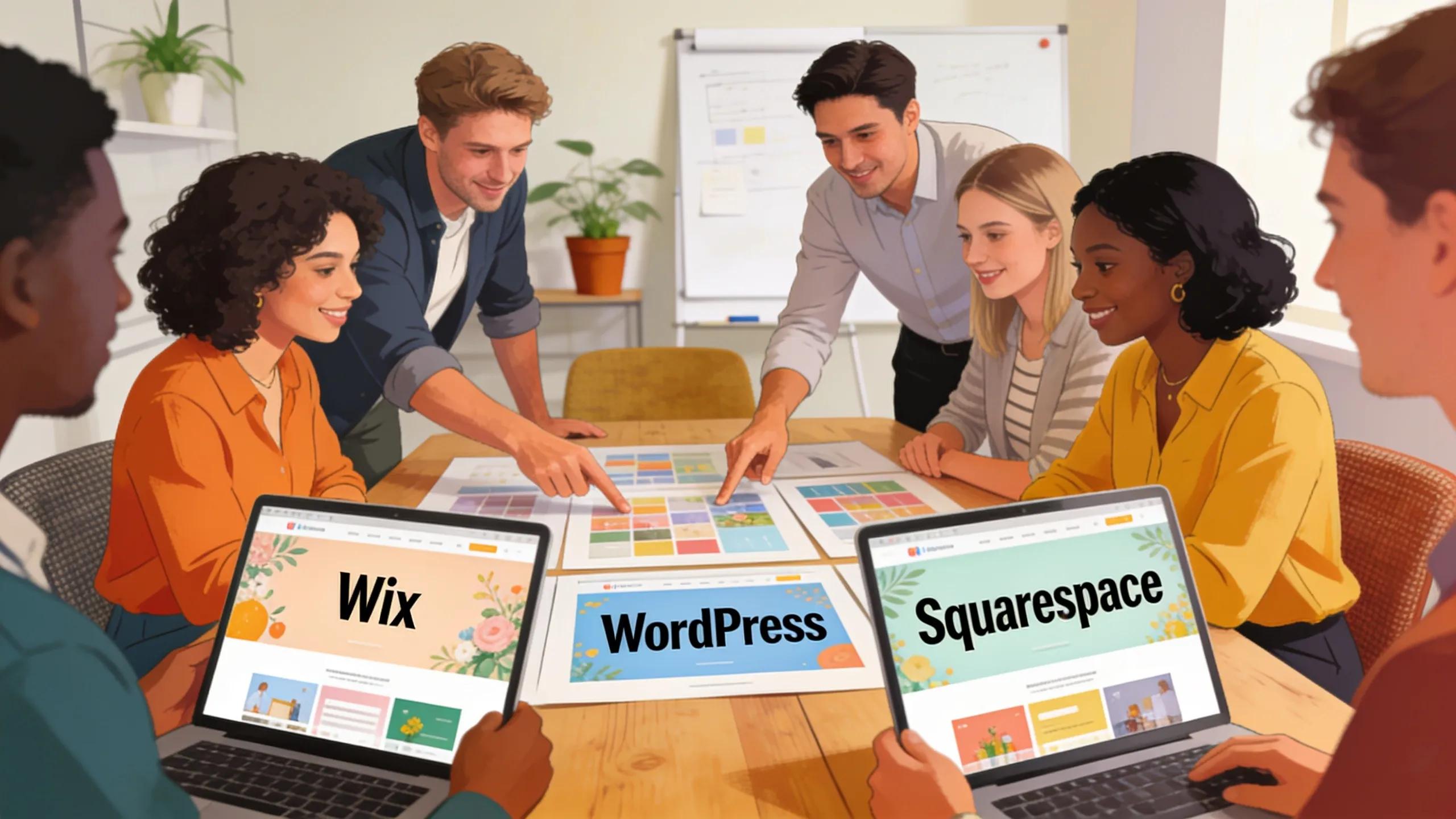 Team collaborating around table comparing Wix, WordPress, and Squarespace website platforms.