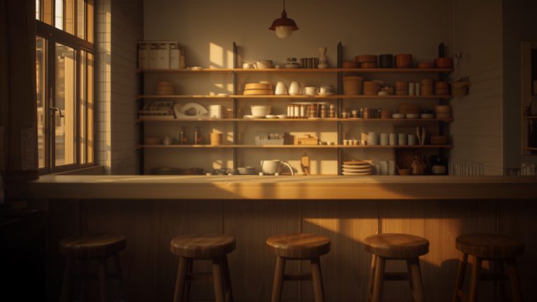 An empty main-street shop with stools at a wooden counter in low light