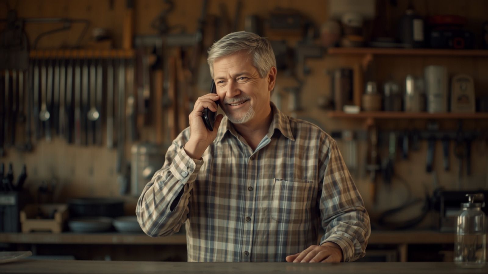 Small business owner answering a phone call at his shop counter