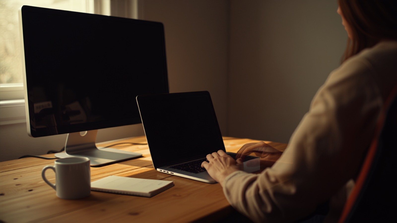 A person working at a wooden desk with a laptop and an external monitor in warm natural light
