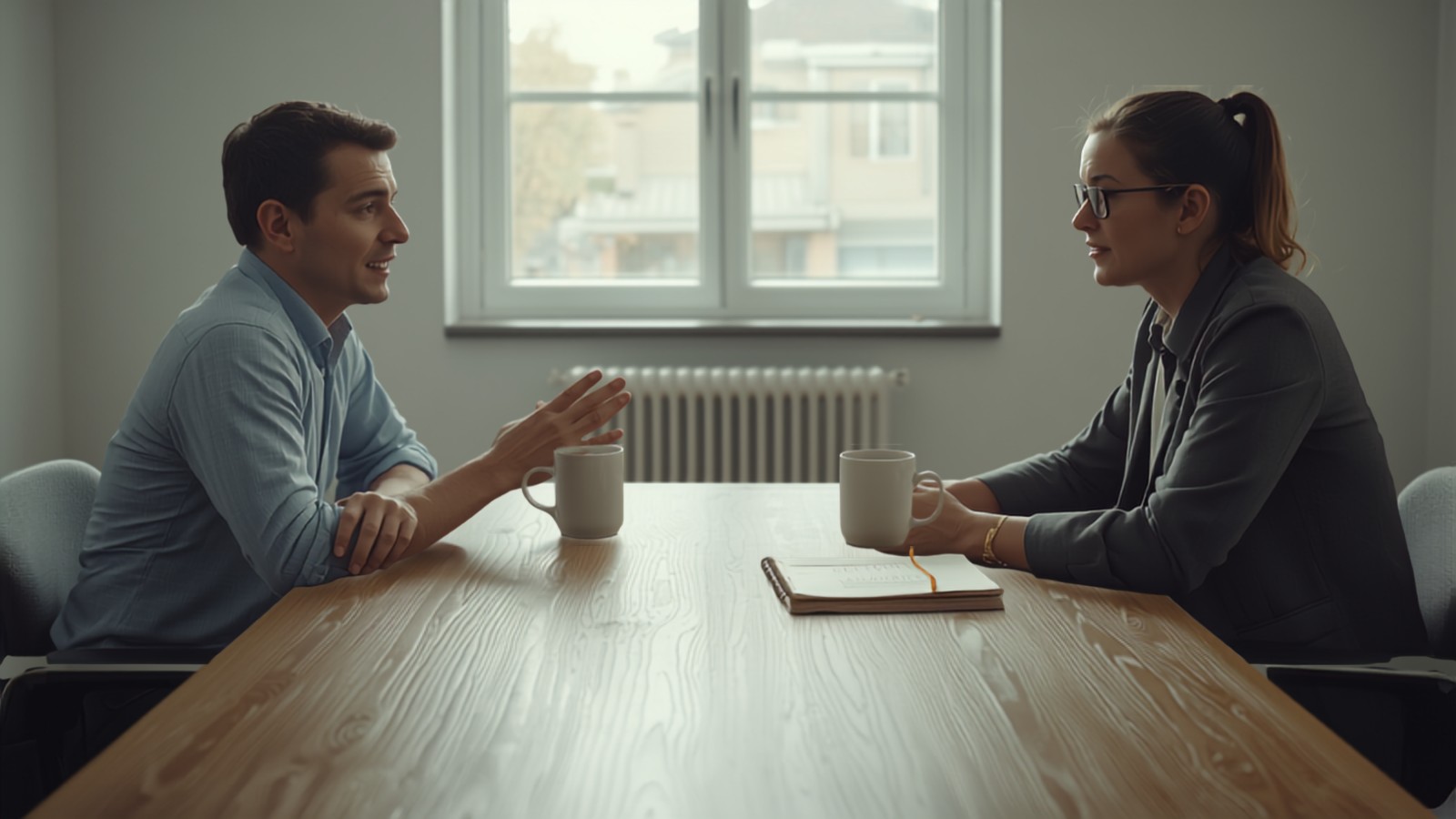 Two people sitting across a table in a small office having a working conversation over coffee
