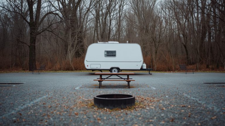 A single travel trailer on a gravel campsite among bare trees in early spring
