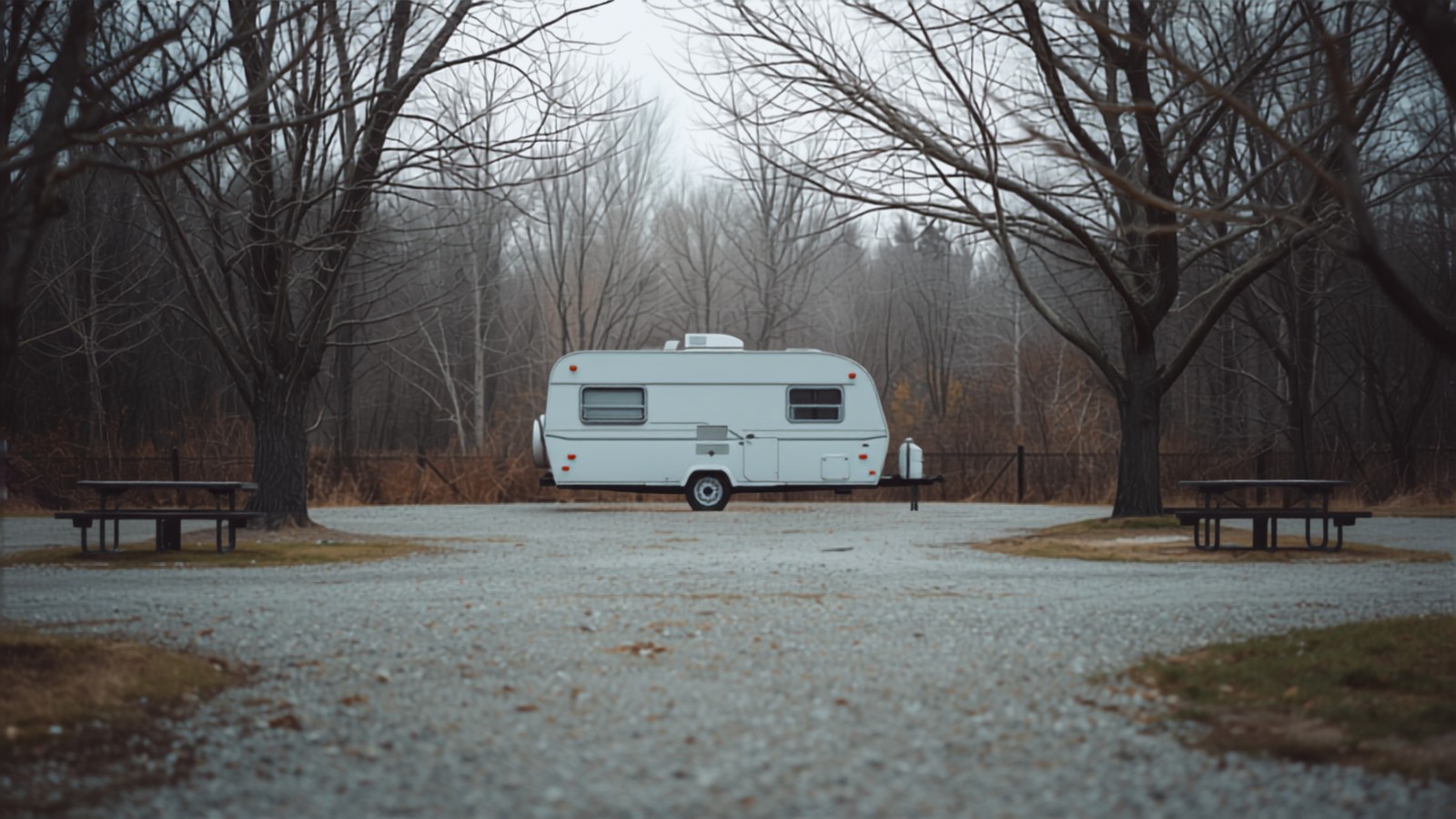 An empty campground loop with a picnic table and a trailer in the distance