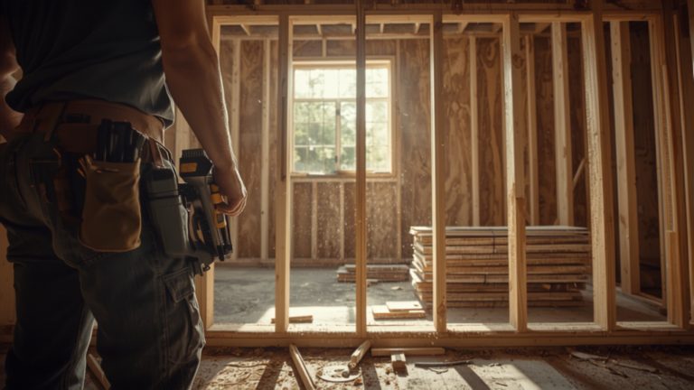 Carpenter in a tool belt framing an interior wall in a house under renovation
