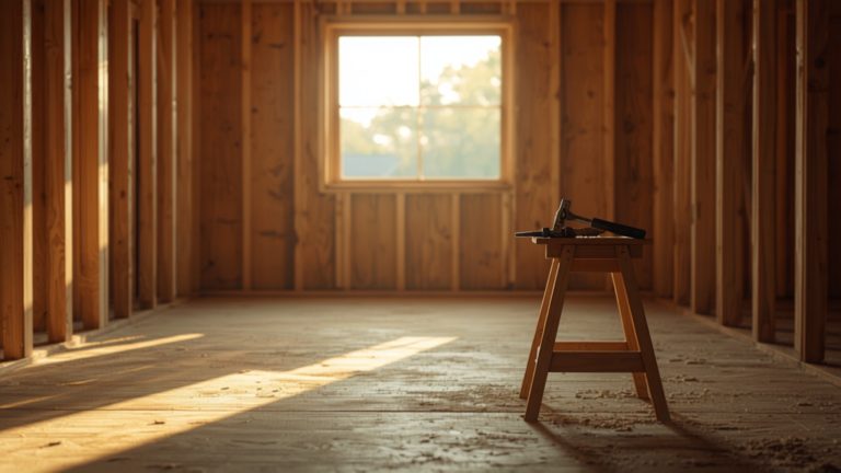 A partially framed interior room with a sawhorse and hand tools lit by a bare window opening
