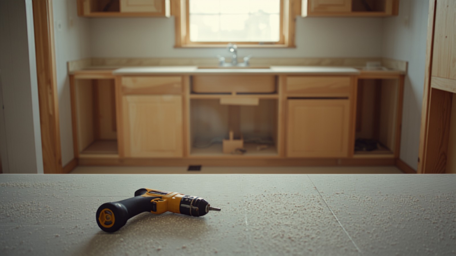 An unfinished kitchen with new cabinets and daylight through an uncovered window