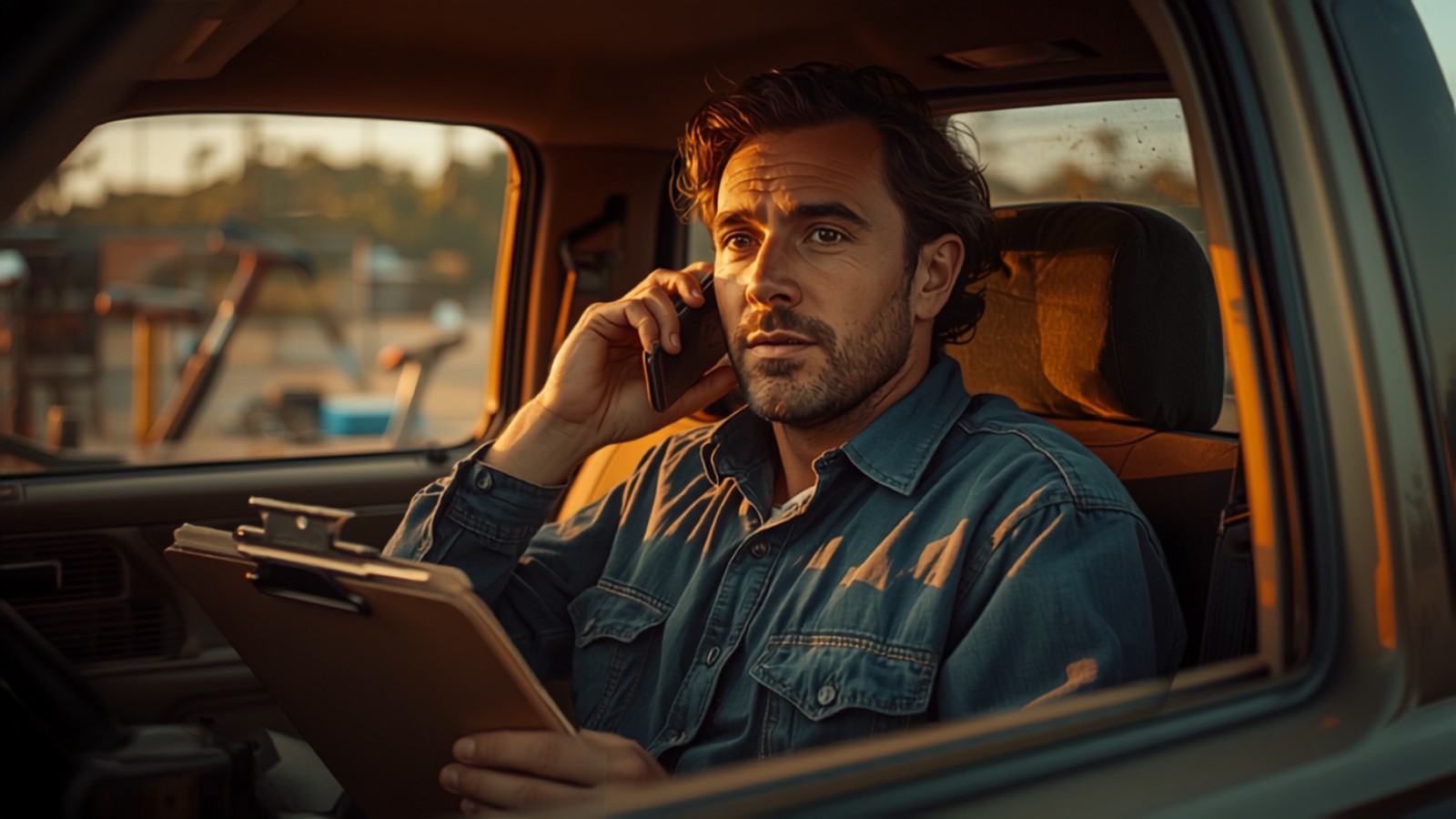 Contractor sitting in his pickup truck at a job site taking a phone call with a clipboard beside him