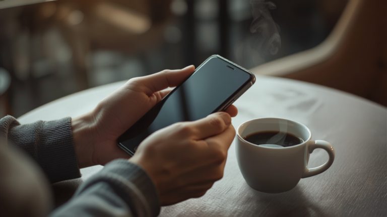 Customer holding a smartphone at a cafe table with coffee