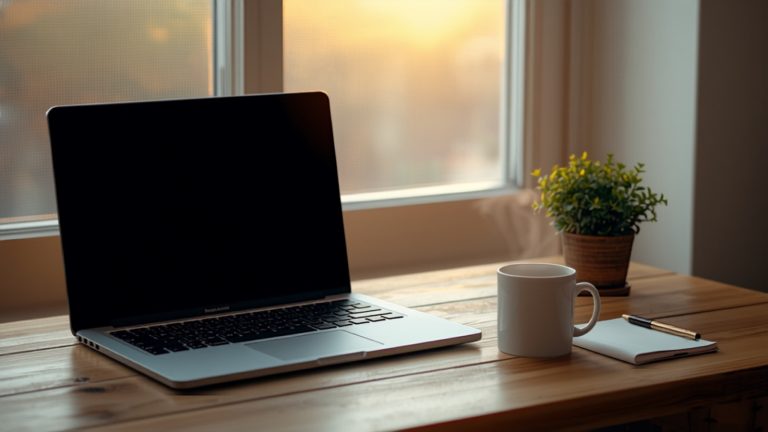 Desk with a laptop, coffee and notebook in morning light