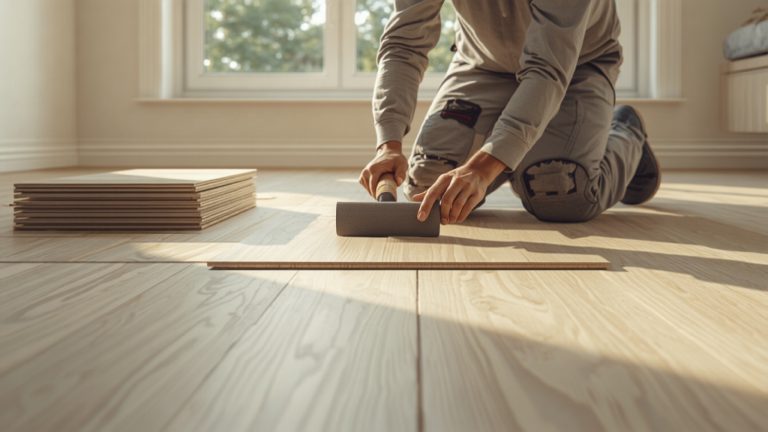 Flooring installer laying vinyl plank flooring in a living room