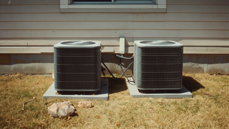 Two residential air conditioning condenser units on a concrete pad in bright summer sun