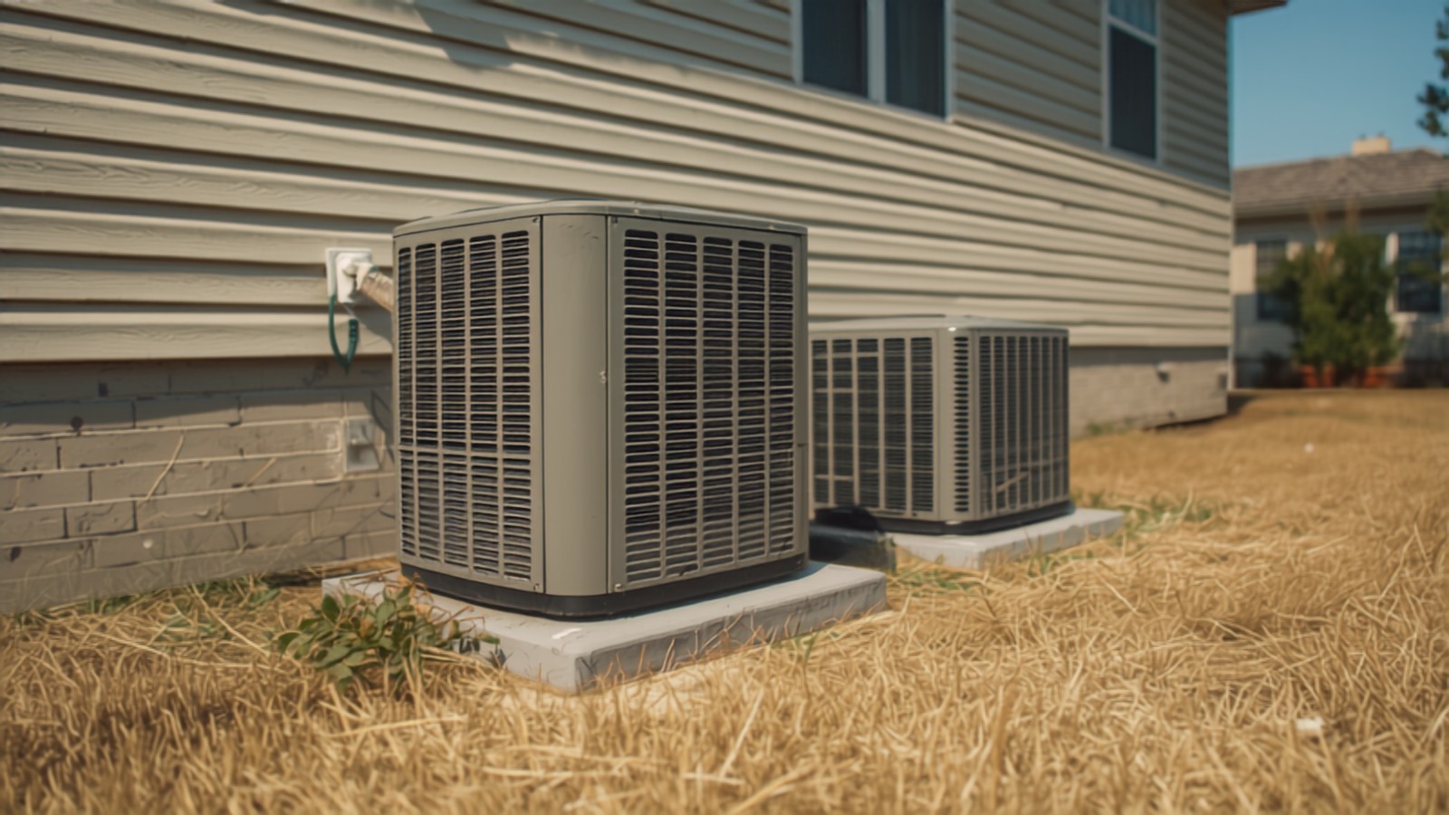 Residential condenser units beside a house in strong afternoon light