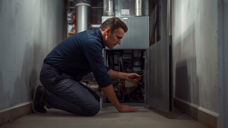 HVAC technician servicing a residential furnace in a basement