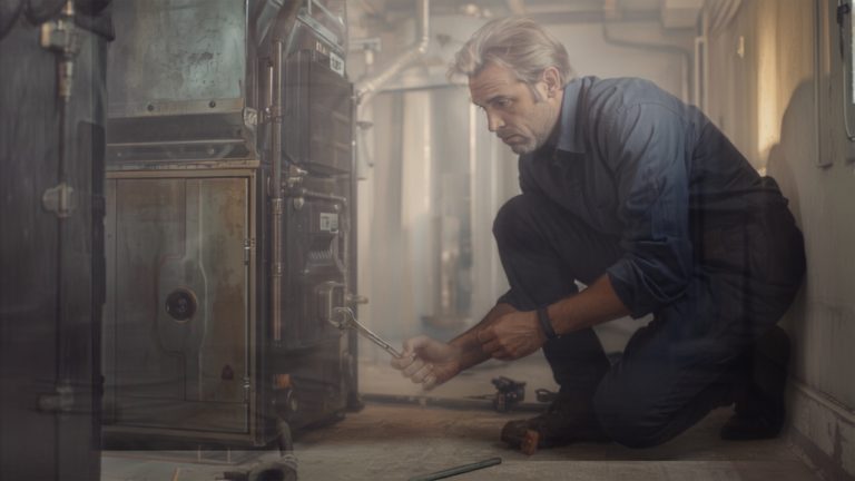 HVAC technician servicing a residential furnace in a basement