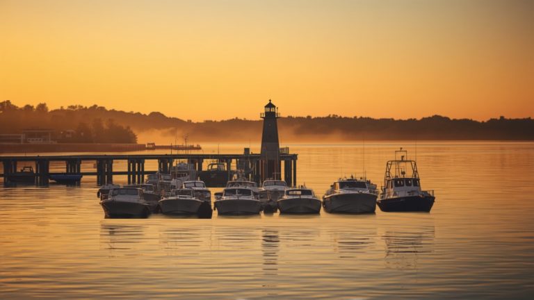 Boats and a lighthouse in a Lake Michigan harbor at golden hour
