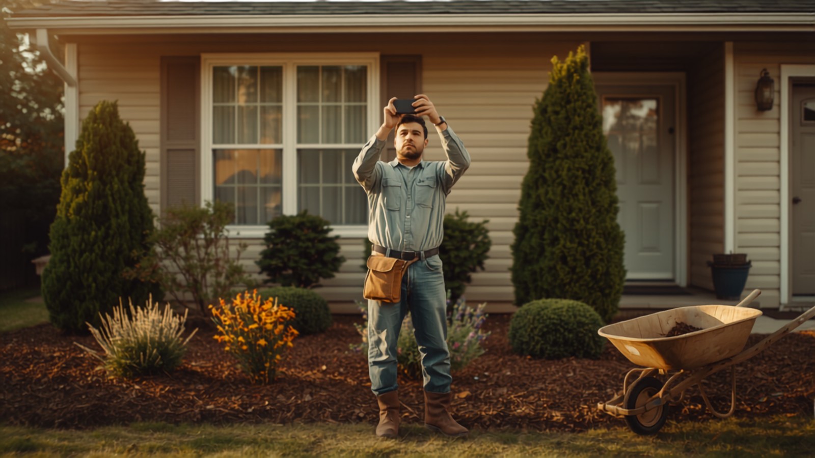 Landscaper holding up a phone to photograph a freshly finished front yard with mulch beds and trimmed shrubs