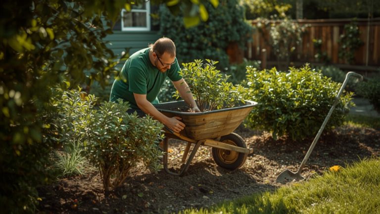 Landscaper with a wheelbarrow planting shrubs in a front yard