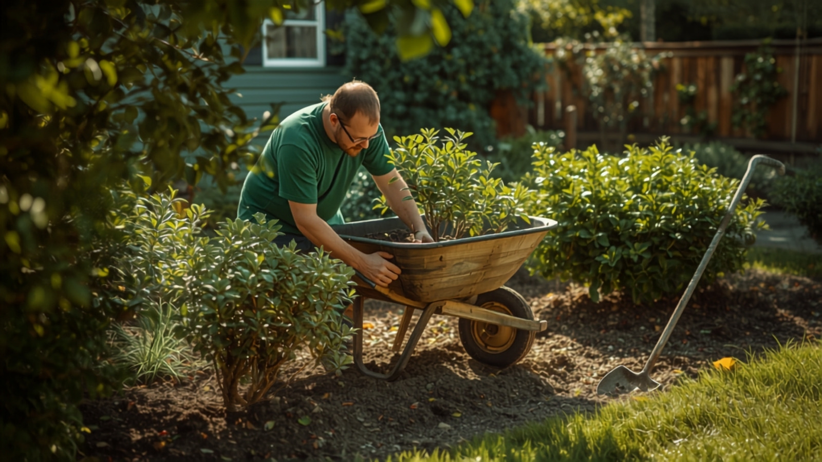 Landscaper with a wheelbarrow planting shrubs in a front yard