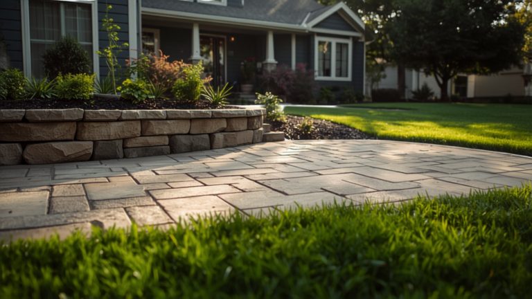 A finished backyard paver patio with a low stone retaining wall and fresh plantings