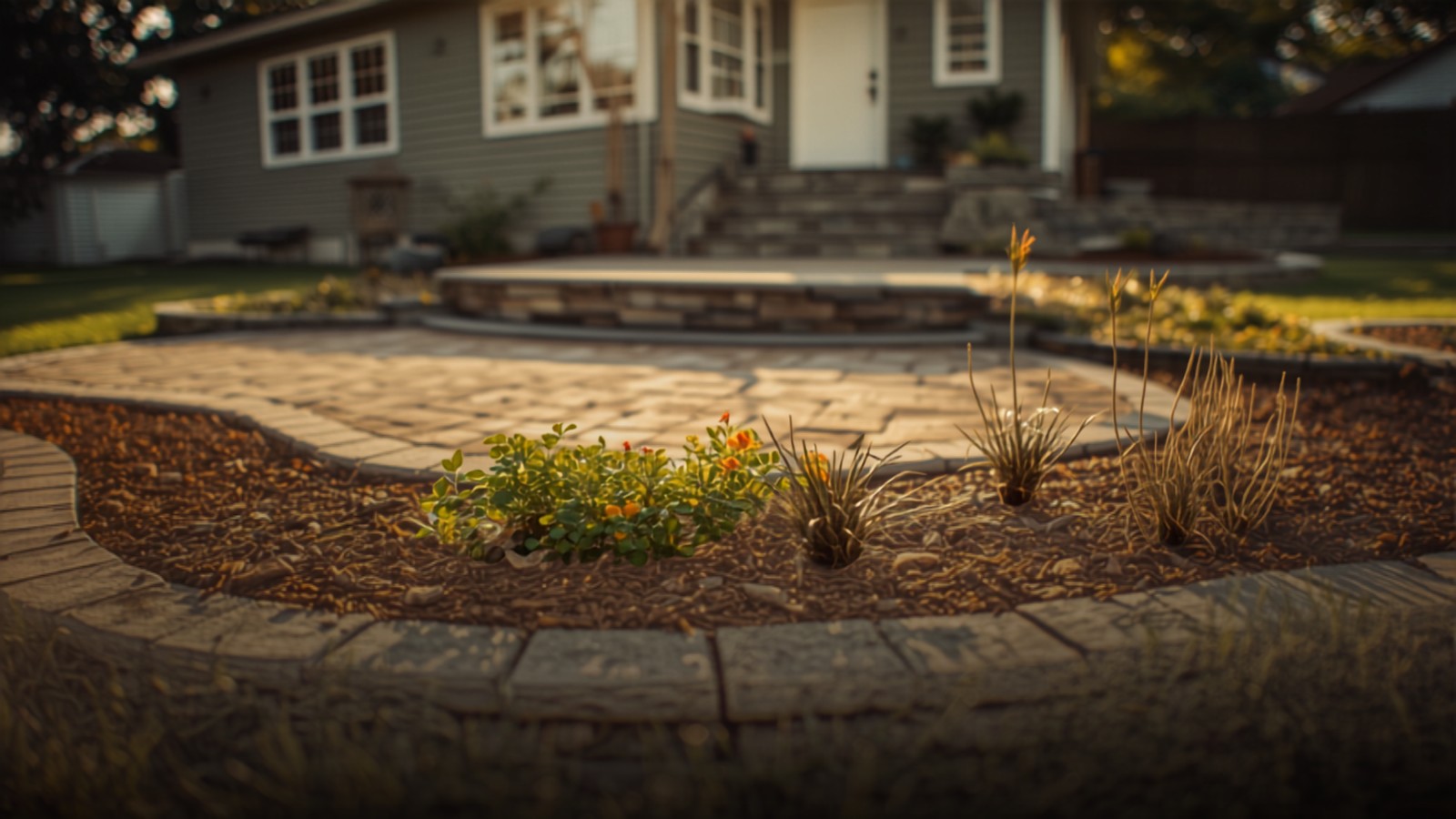 A circular paver patio with mulched beds in warm late afternoon light