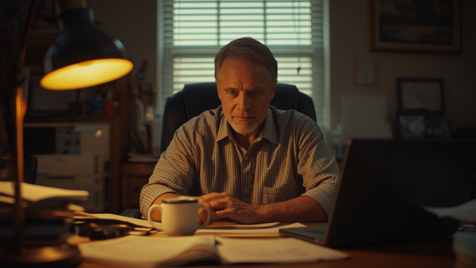 Small business owner sitting at a cluttered back-office desk with a laptop and paperwork