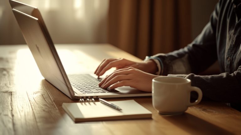 Business owner typing on a laptop at a wooden desk in warm morning light with coffee and a notepad