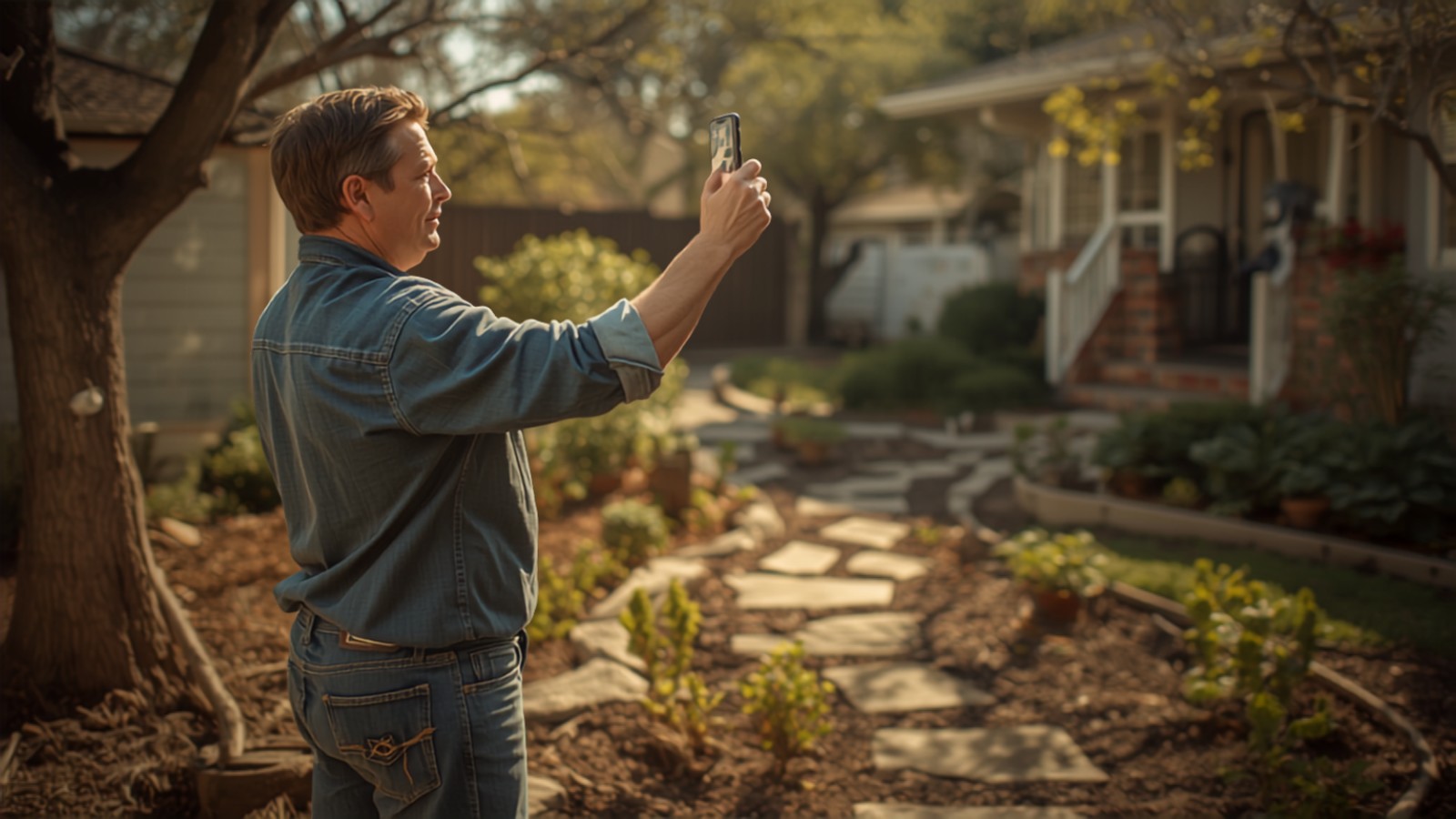 Business owner taking a photo of a finished landscaping job with a smartphone