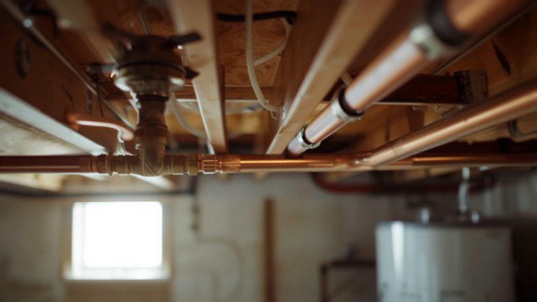 Water supply pipes and a water heater in a clean residential basement