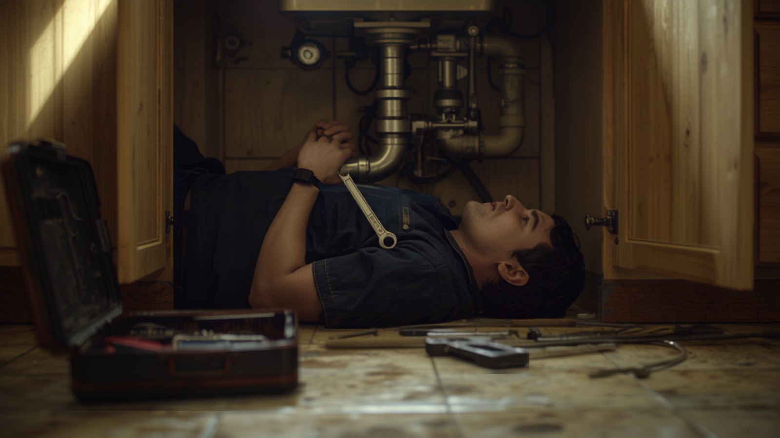 Plumber lying under a kitchen sink with a wrench and flashlight, toolbox open beside him