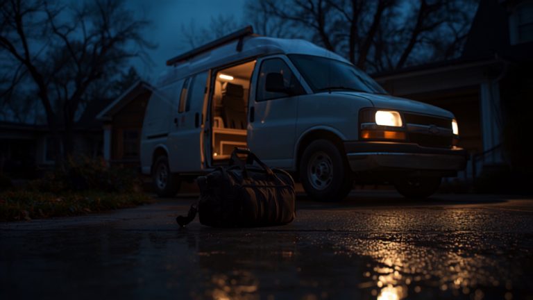 A work van at a residential curb in the evening with a toolbag on the ground