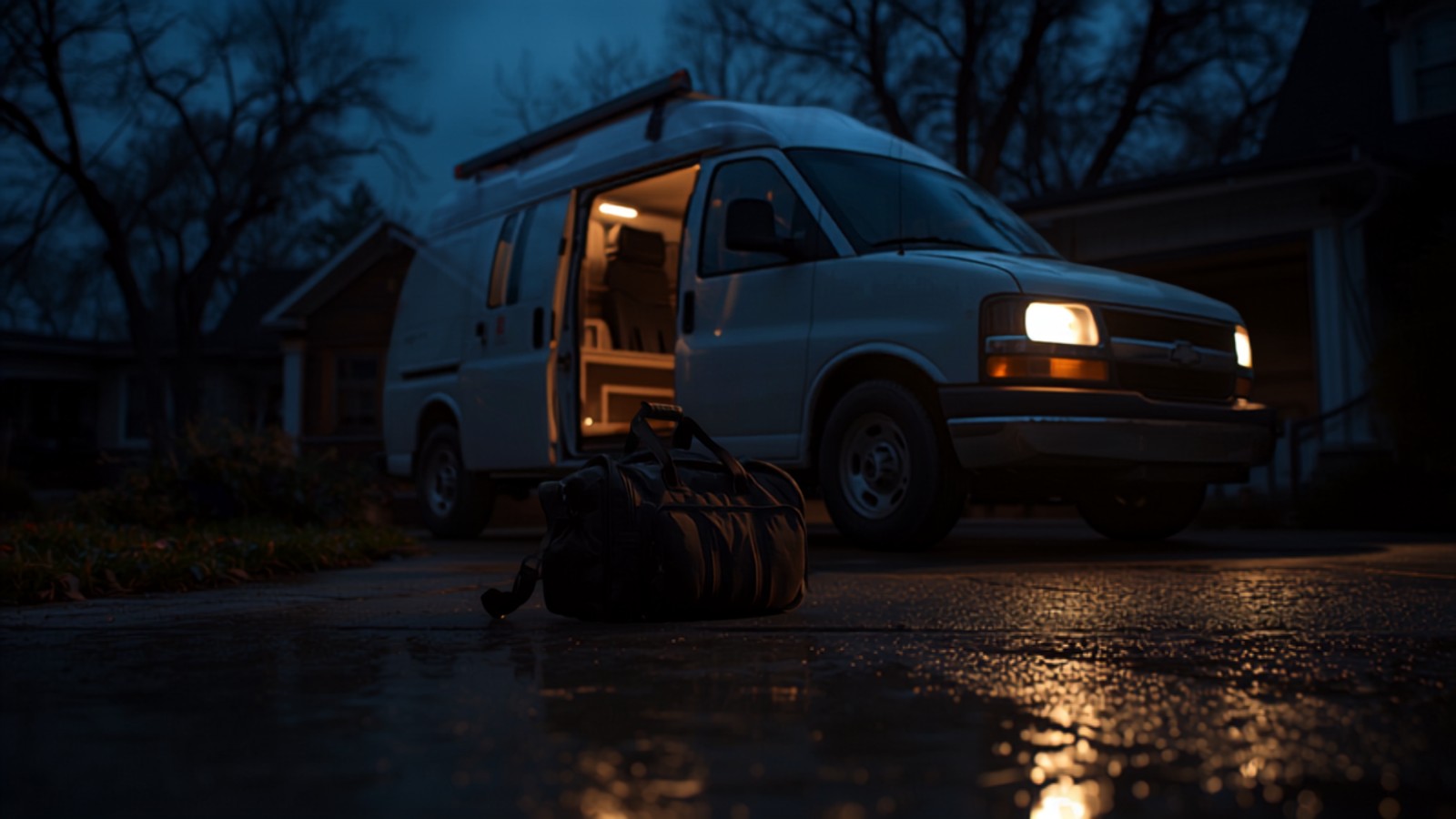 A work van at a residential curb in the evening with a toolbag on the ground