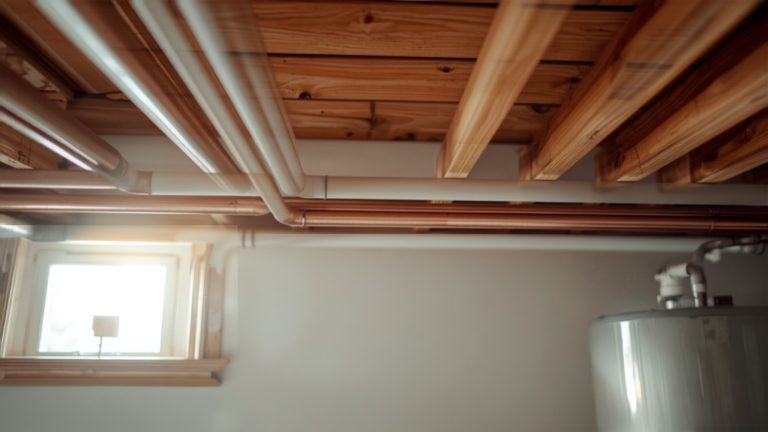 Copper and PEX pipes and a shutoff valve on a basement ceiling