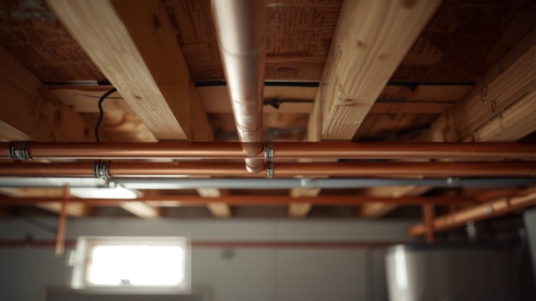 Copper and PEX water supply pipes running along basement joists
