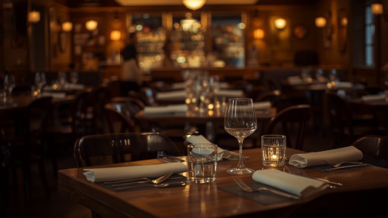 An empty supper club dining room set for service in warm evening light