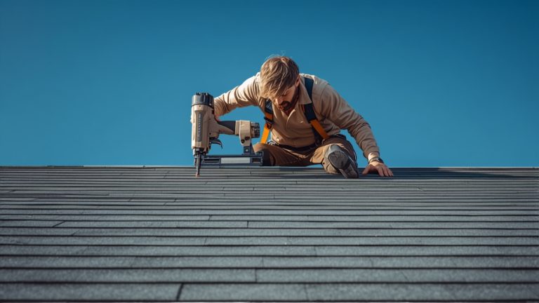 Roofer with a nail gun installing asphalt shingles