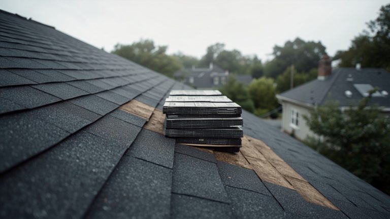 An asphalt shingle roof with bundles stacked on the slope under an overcast sky