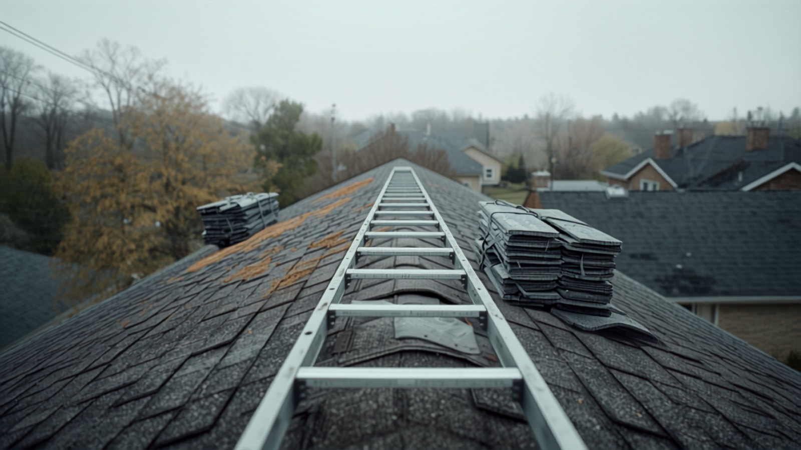 A residential roof partly stripped to the underlayment with a ladder against the edge