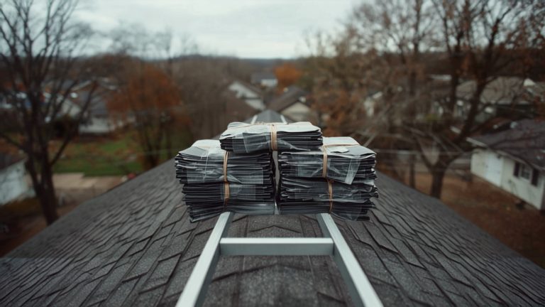 A section of asphalt shingle roof mid-replacement above a quiet neighborhood